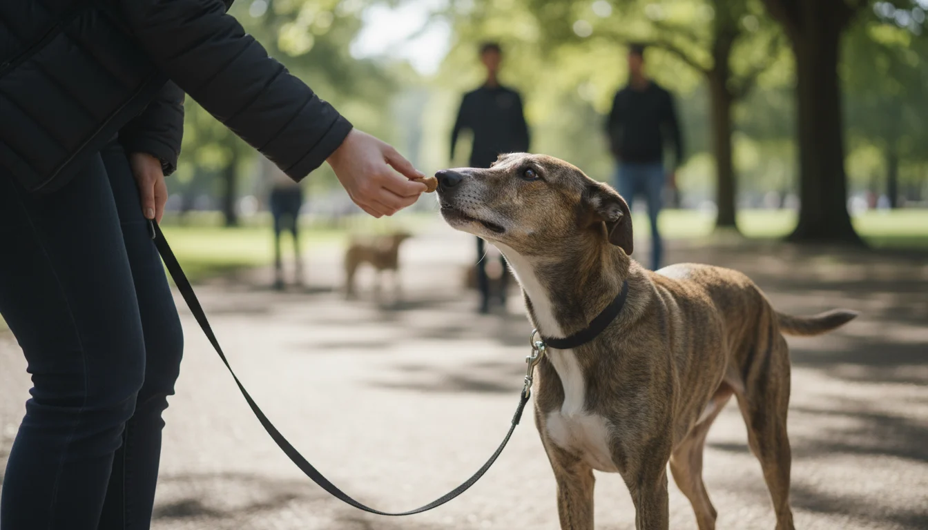 An adult brindle dog calmly takes a treat from its owner's hand on a park path, focused on the human.