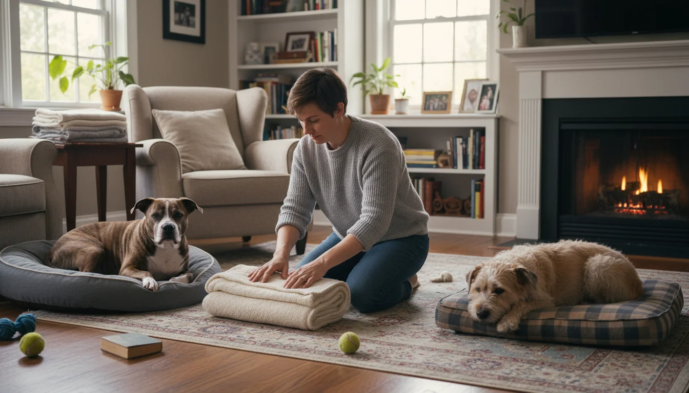 An adult folds a blanket in a comfortable living room while two dogs lie calmly on their beds nearby.