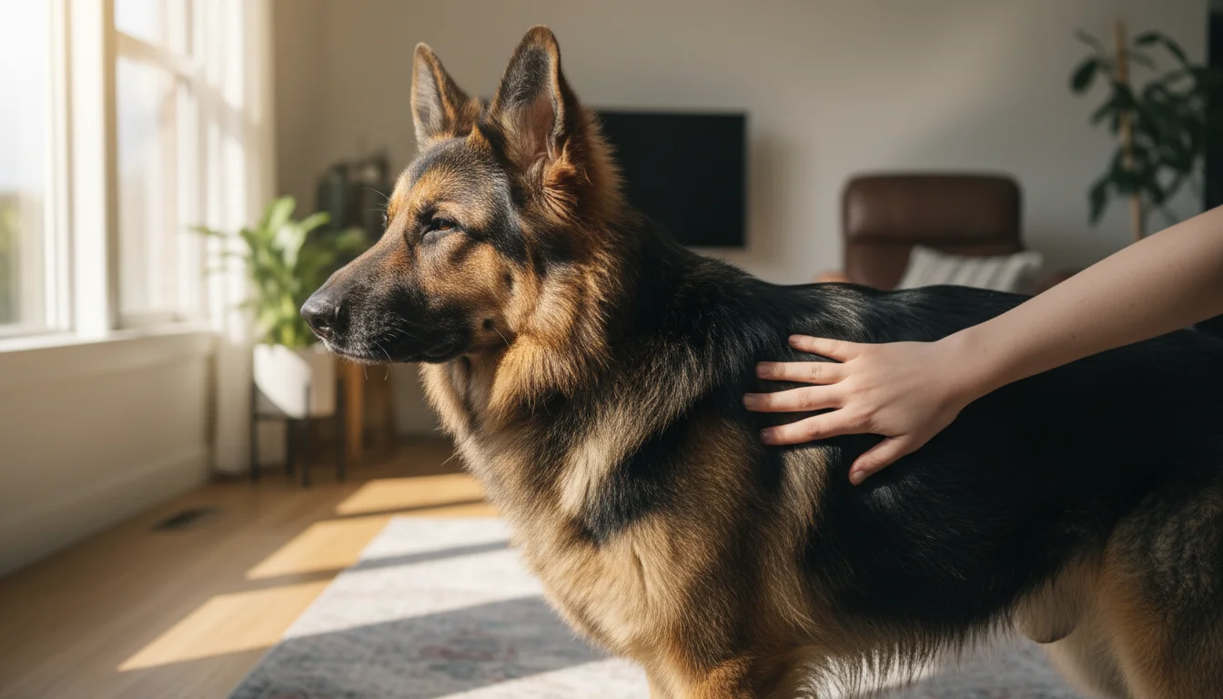 An adult German Shepherd dog's thick double coat is gently stroked by a human hand, highlighting its texture and density.