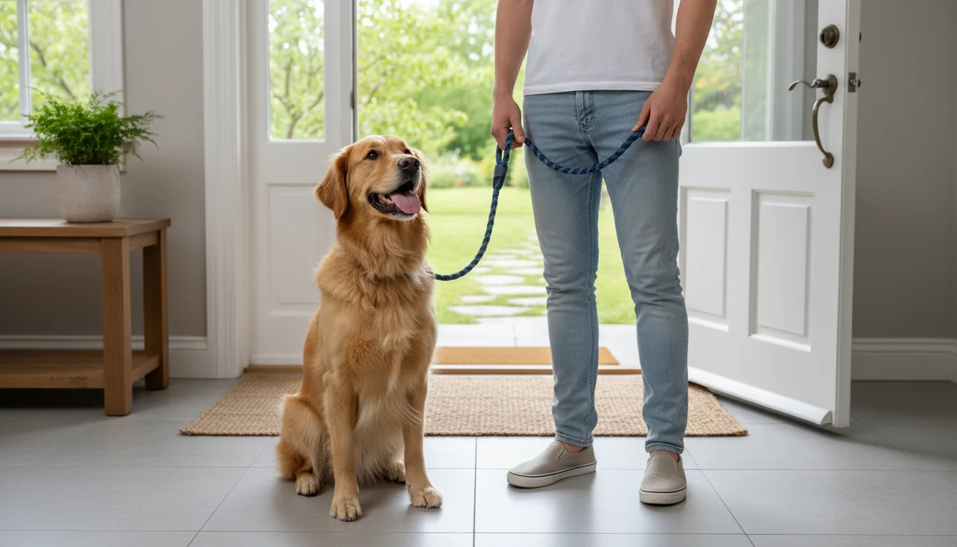 An adult golden retriever mix dog sits patiently on a tiled floor by a partially open front door, looking up at a man holding its leash.