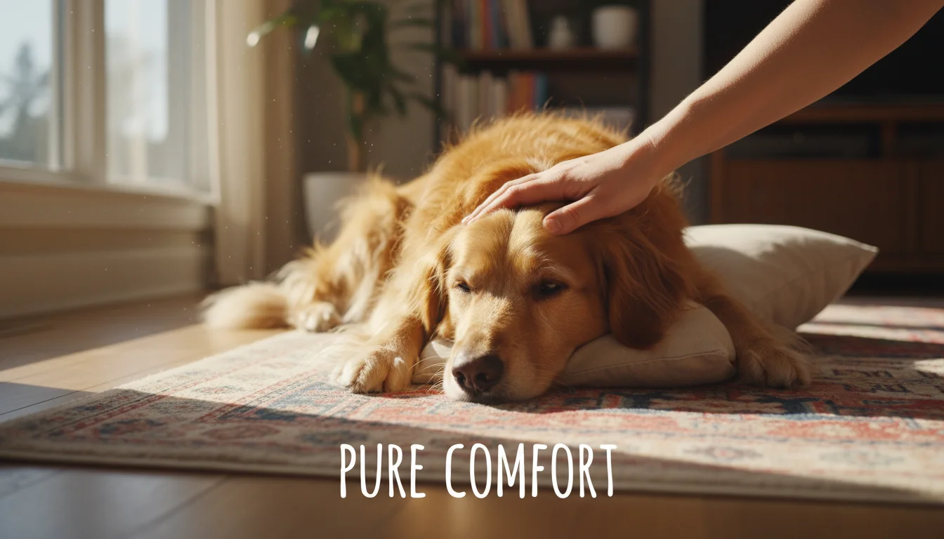 An adult's hand gently brushes the golden fur of a content, medium-sized dog relaxing on a rug in a sunlit living room.