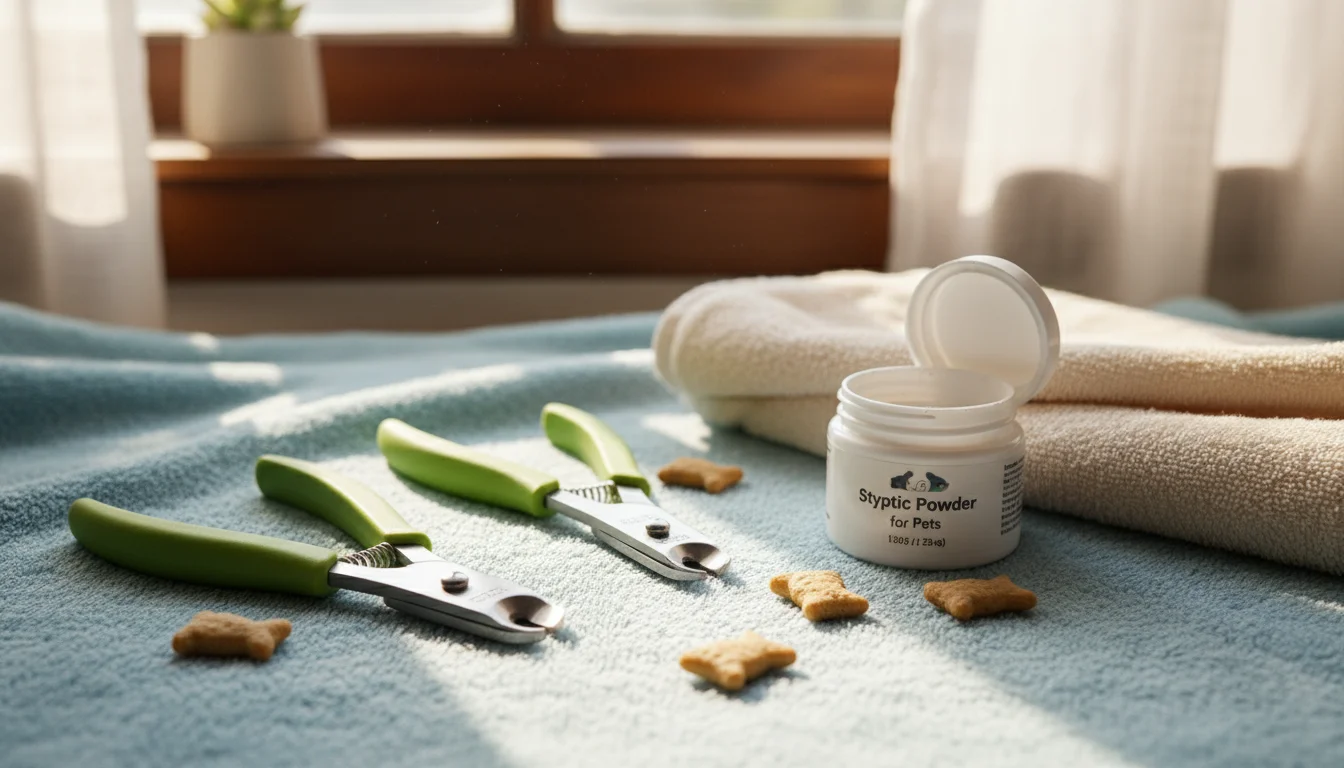 An adult hand reaching for scissor-style cat nail clippers among other grooming supplies like guillotine clippers, treats, and styptic powder, all on