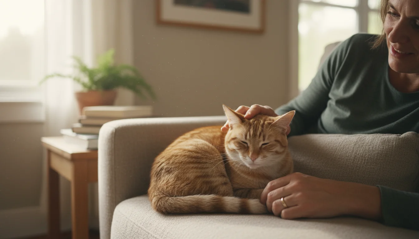 An adult's hand gently strokes a sleeping tabby cat curled on a linen sofa in a sunlit living room.