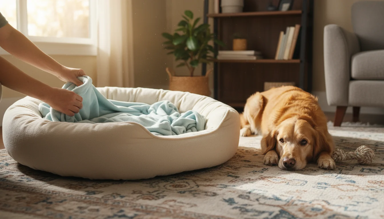 Adult hands fluffing a blanket in a plush dog bed while a golden dog watches from the rug nearby.