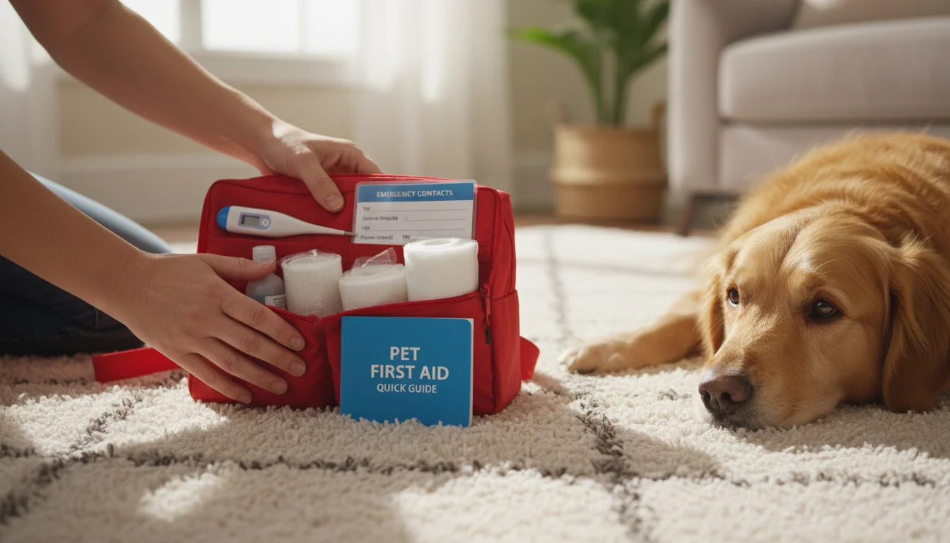 Adult hands organize a pet first aid kit with thermometer, gauze, book. A golden retriever watches on a rug in natural light.