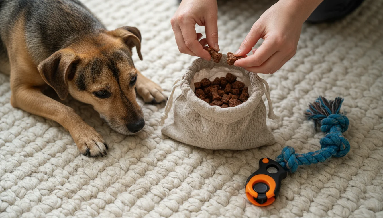 An adult's hands put training treats into a fabric pouch on a rug. A clicker, toy, and calm short-haired dog are nearby.