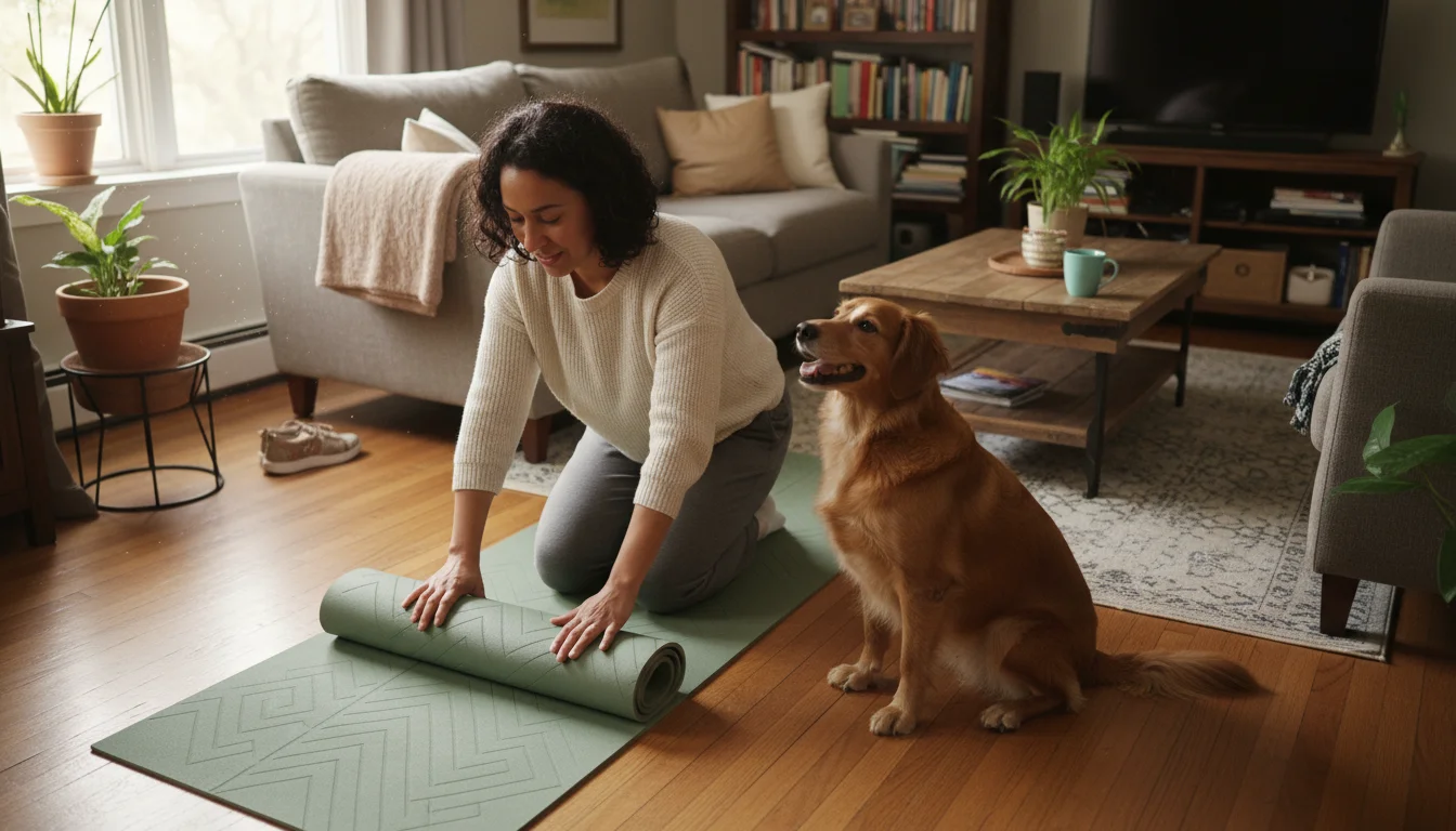 An adult human kneels, laying a non-slip mat for a patient, medium-sized dog observing in a cleared living room.