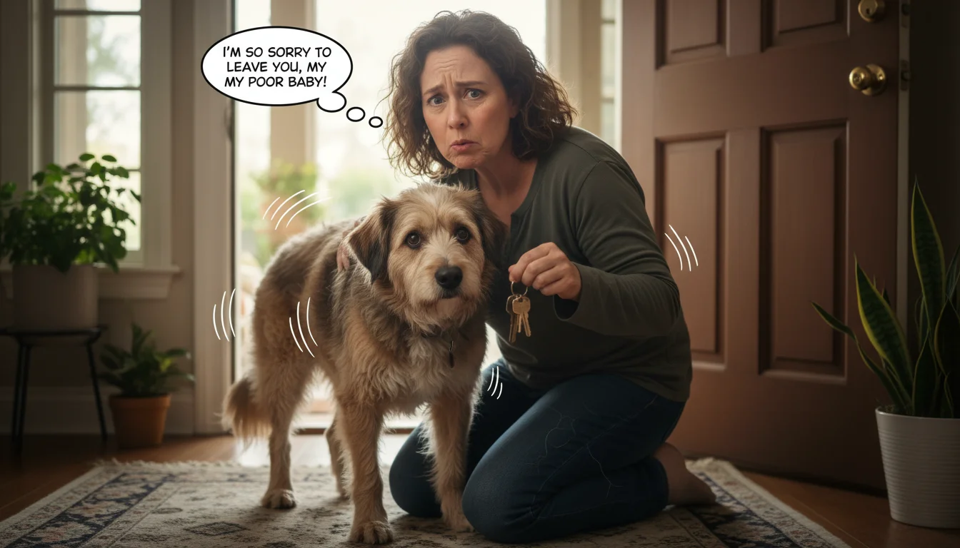 Adult kneeling by a door, holding keys, with an anxious medium-sized dog leaning into them.