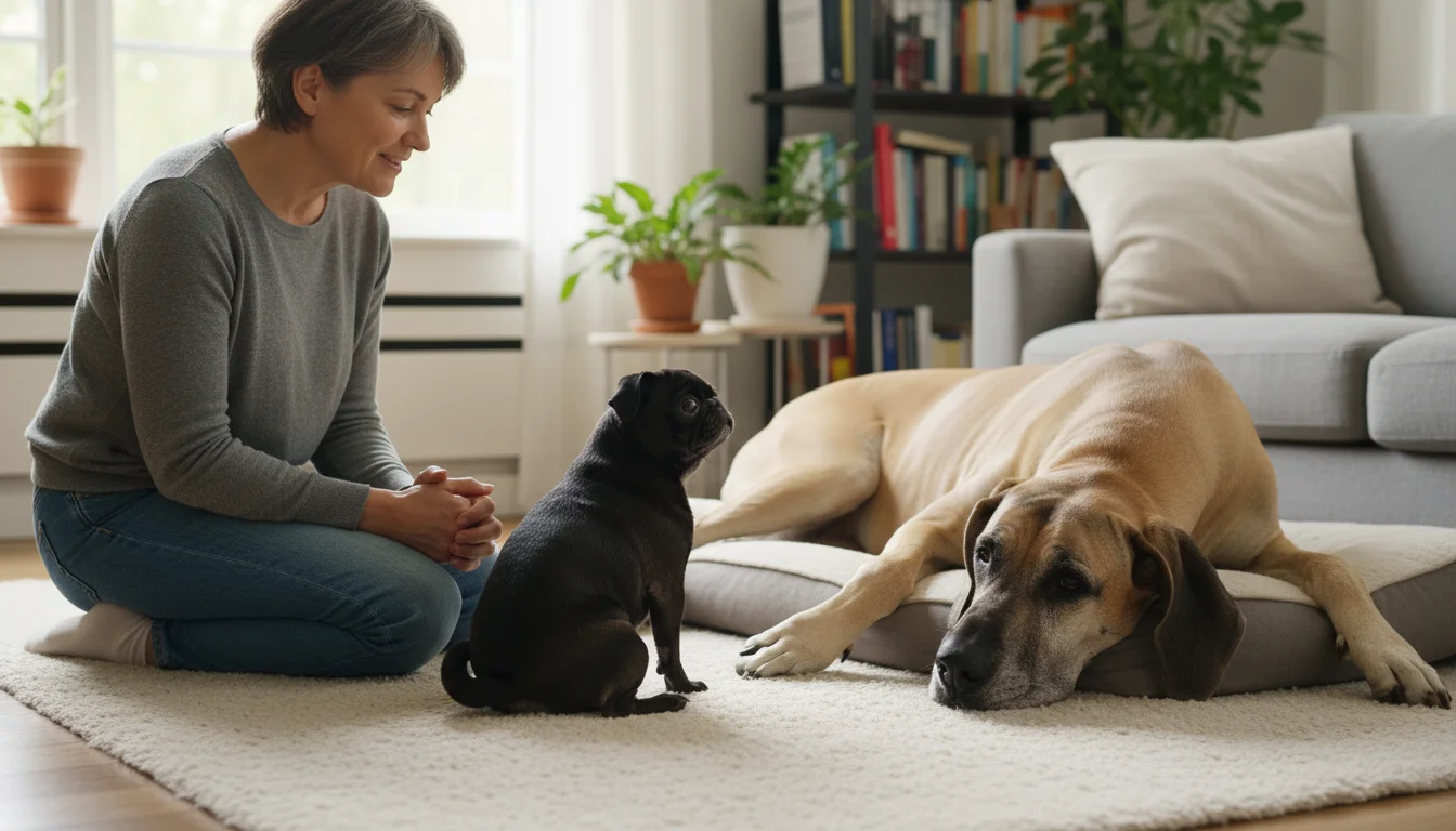An adult kneels between a large Great Dane and a small Pug on a rug, observing both dogs with care in a living room.