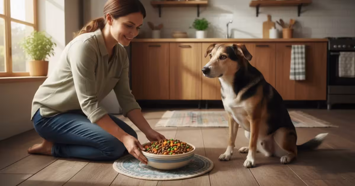 An adult kneels, placing a bowl of dog food with kibble and vegetables for a patiently waiting mixed-breed dog on a feeding mat.