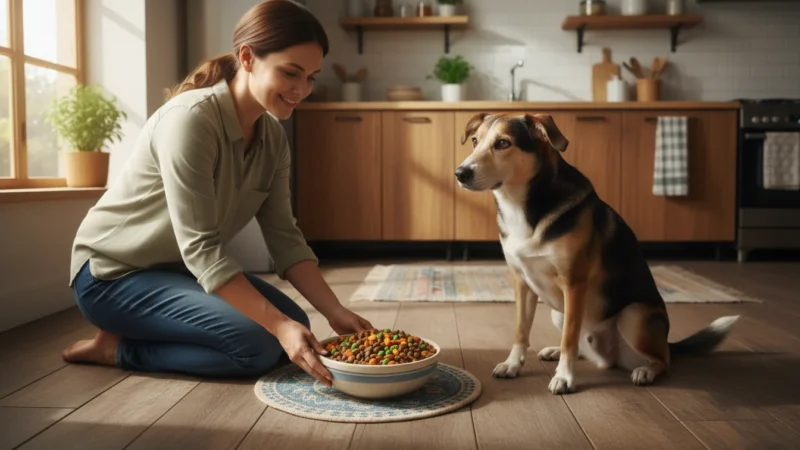 An adult kneels, placing a bowl of dog food with kibble and vegetables for a patiently waiting mixed-breed dog on a feeding mat.