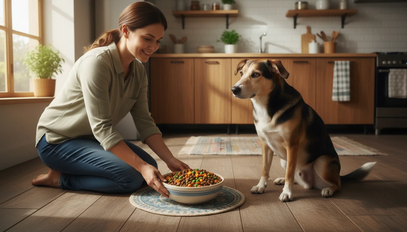 An adult kneels, placing a bowl of dog food with kibble and vegetables for a patiently waiting mixed-breed dog on a feeding mat.
