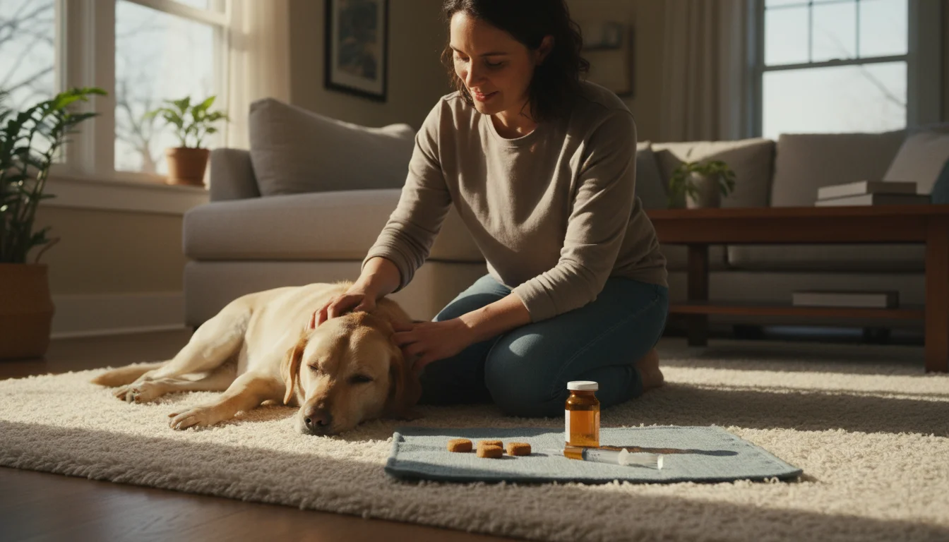 An adult kneels, stroking a calm dog, with medication supplies and treats neatly arranged on a mat beside them.