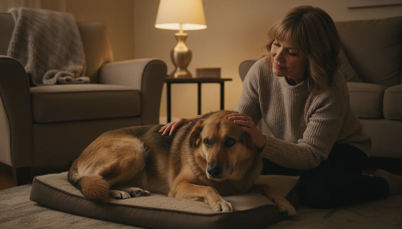 Adult mixed-breed dog rests subdued on a dog bed, owner gently stroking its side with a concerned expression in a living room.