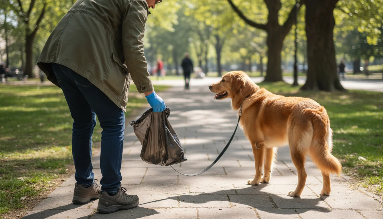 An adult owner bends over in a park with a waste bag, cleaning up after their patiently waiting golden retriever mix.