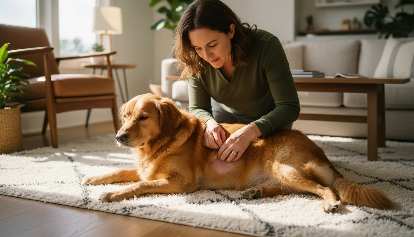 An adult person gently parts the fur on a golden retriever mix's side, carefully examining its skin as the dog lies calmly on a rug.