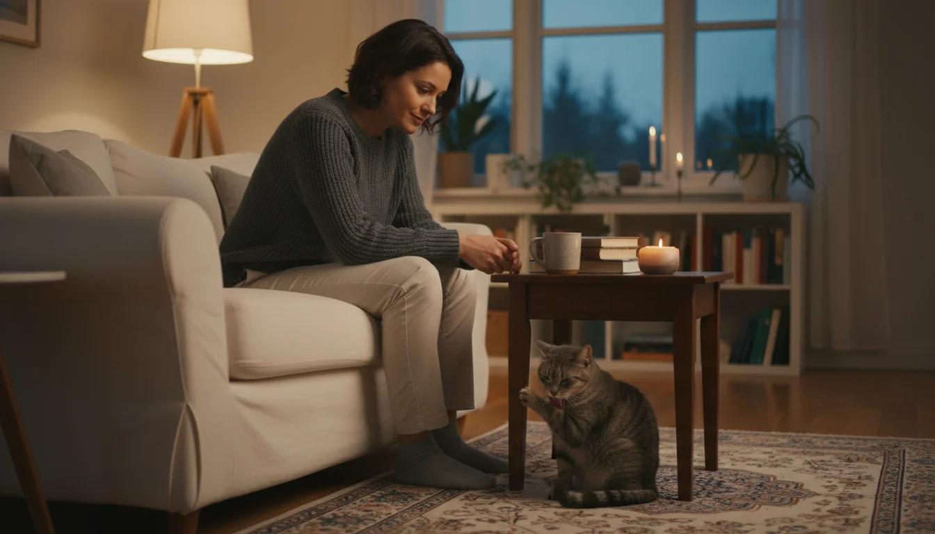 An adult person sits on a sofa, looking with concern at a cat under a table, which is over-grooming its paw.