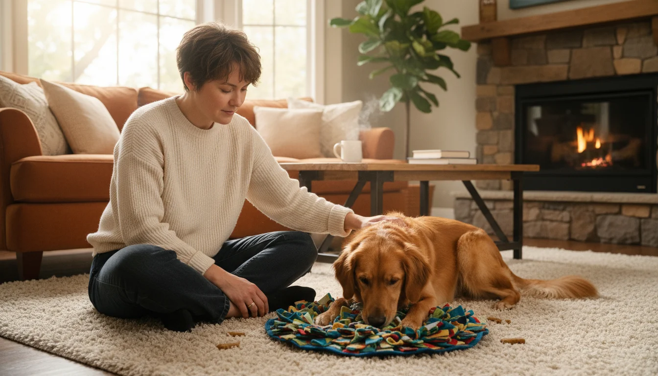 Adult person sitting on living room floor, gently guiding a golden retriever mix dog searching for treats in a colorful snuffle mat.