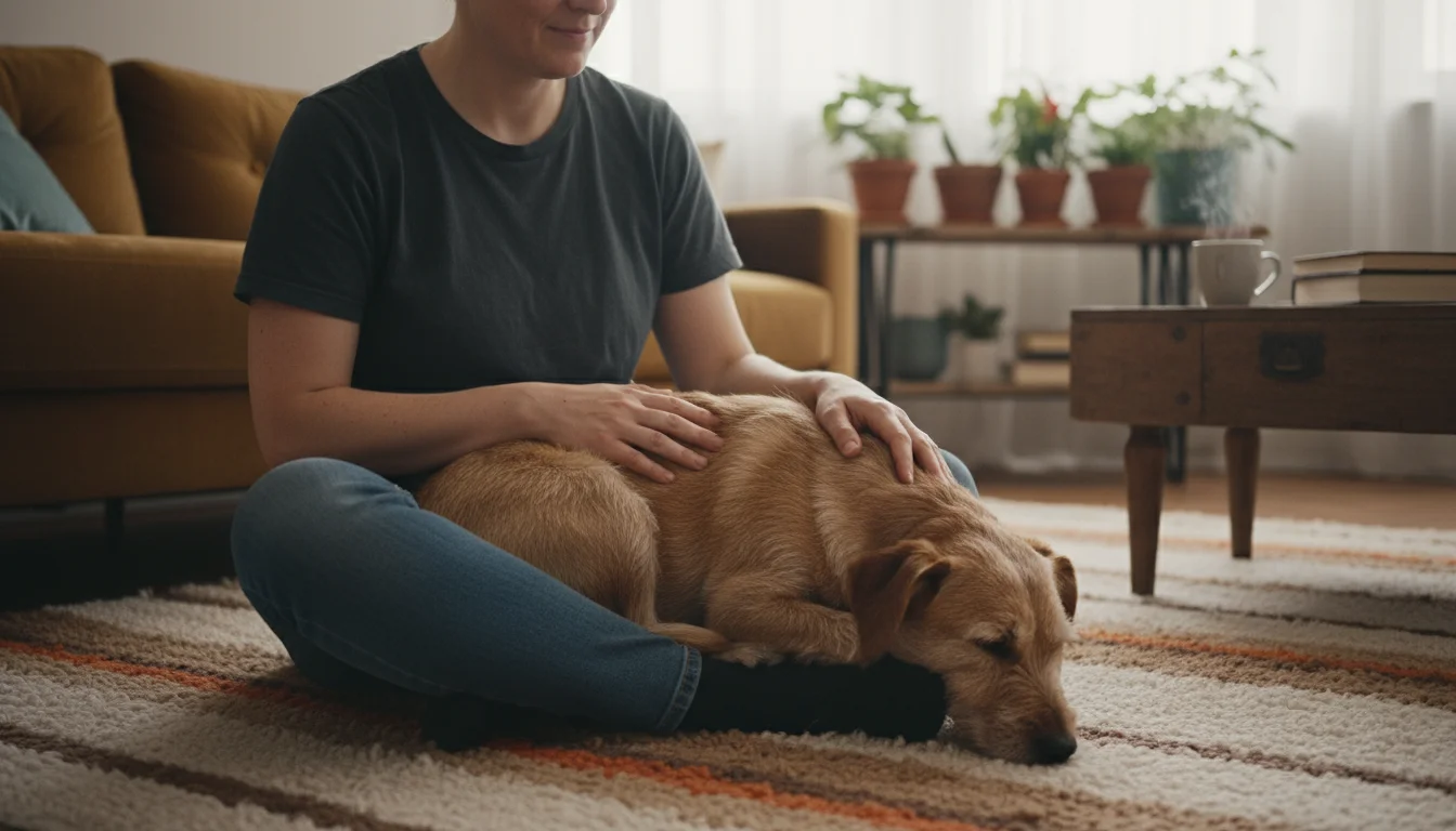 Adult person sitting on a rug, gently stroking a mixed-breed dog resting its head on their lap, looking thoughtful.