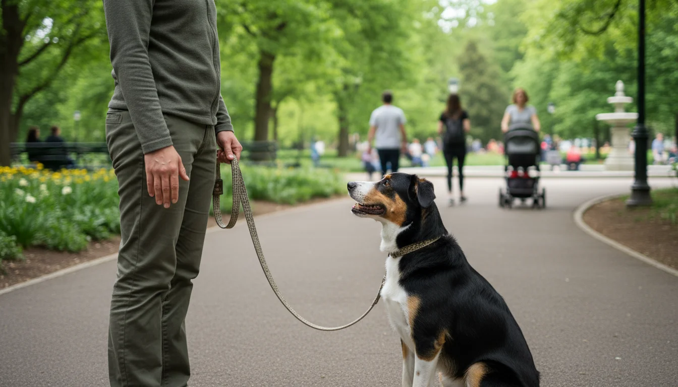 An adult stands on a park path, with their mixed-breed dog sitting calmly beside them, looking up at the owner's face, demonstrating focus.