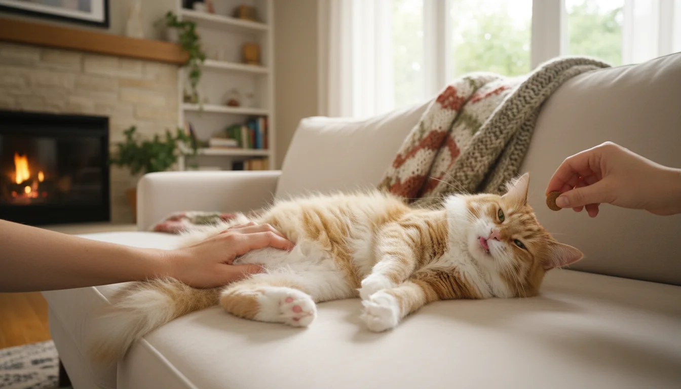 An adult gently strokes a calm ginger cat's hind leg, offering a treat to reinforce positive associations.
