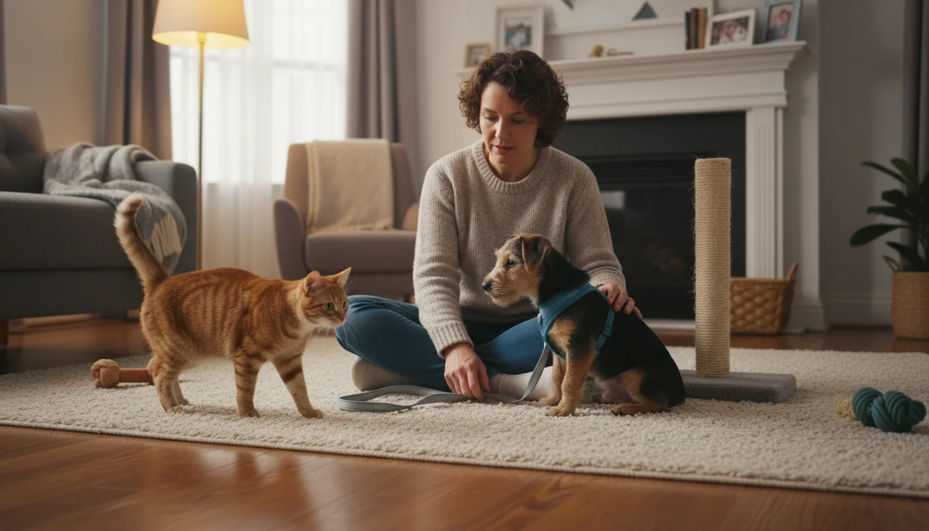 An adult supervises a first meeting between a new puppy on a leash and a resident cat in a living room.