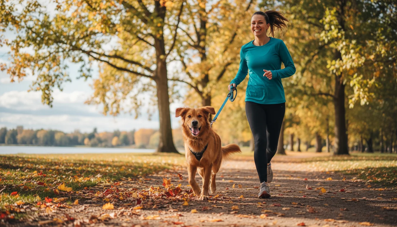 An adult woman and her retriever-mix dog jogging on a dirt path in an autumn park, with sunlight filtering through the trees.
