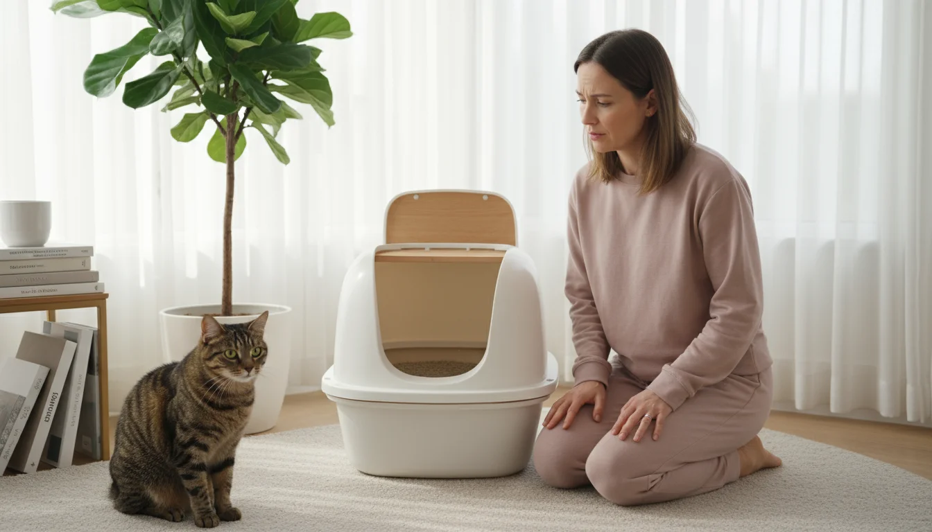 An adult woman kneels by a large litter box, looking inside with a concerned expression. A domestic cat watches her from a distance.