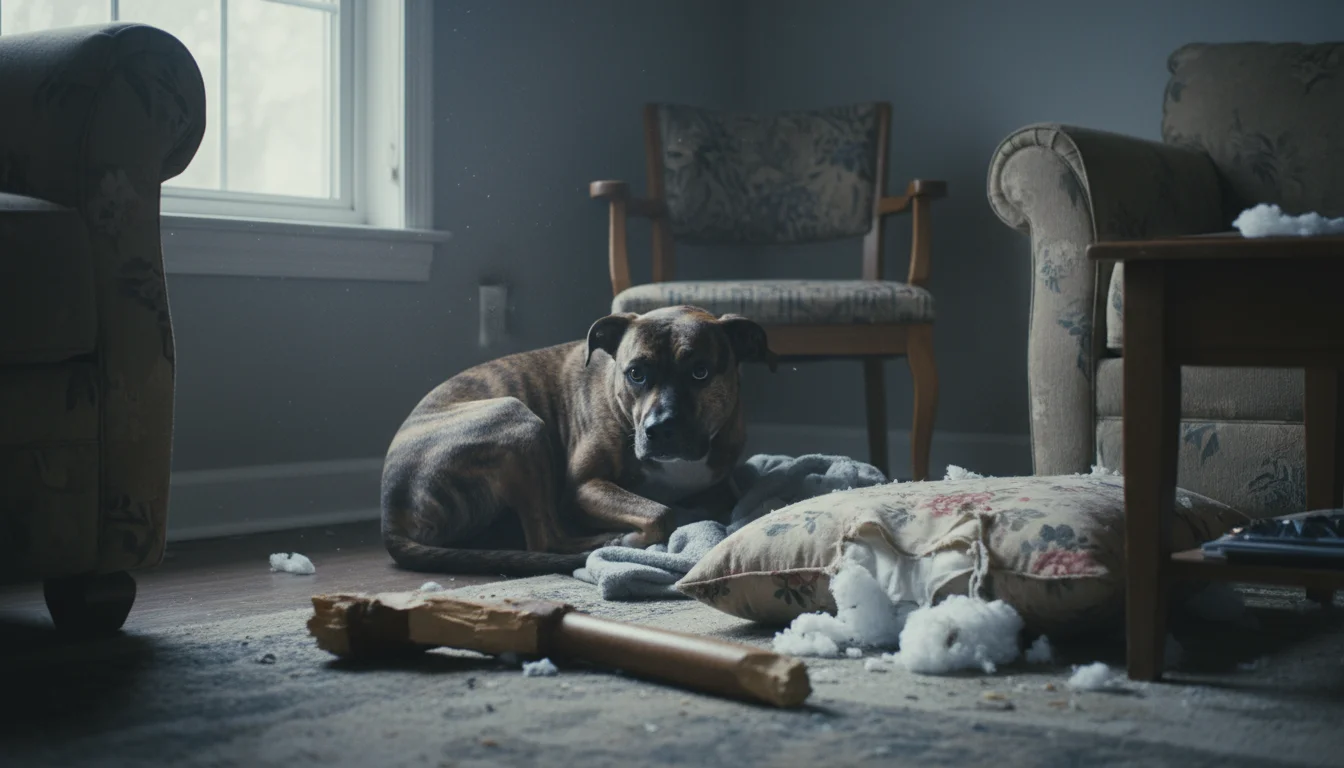 Anxious brindle pitbull mix huddled tightly in a living room corner near a heavily chewed chair leg and scattered cushion stuffing.