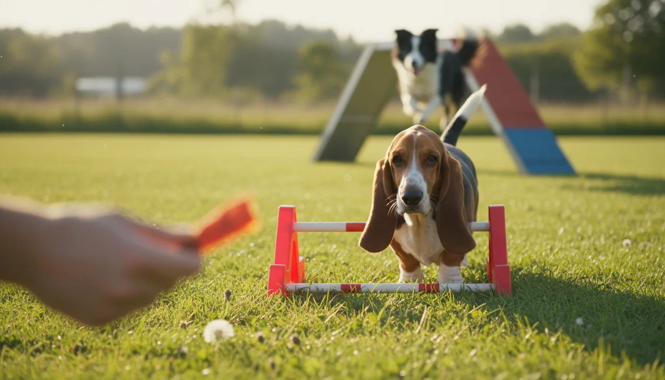 A Basset Hound looks reluctant near a low agility hurdle, while a human offers a treat and another dog bounds over a distant obstacle.