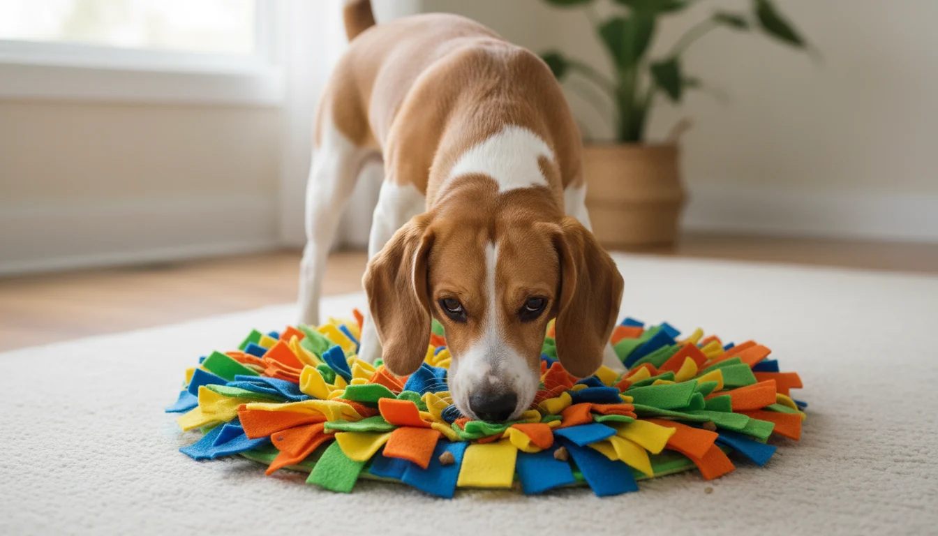 A beagle-mix dog with its nose buried in a colorful, fabric snuffle mat on a light rug, intently searching for hidden treats.