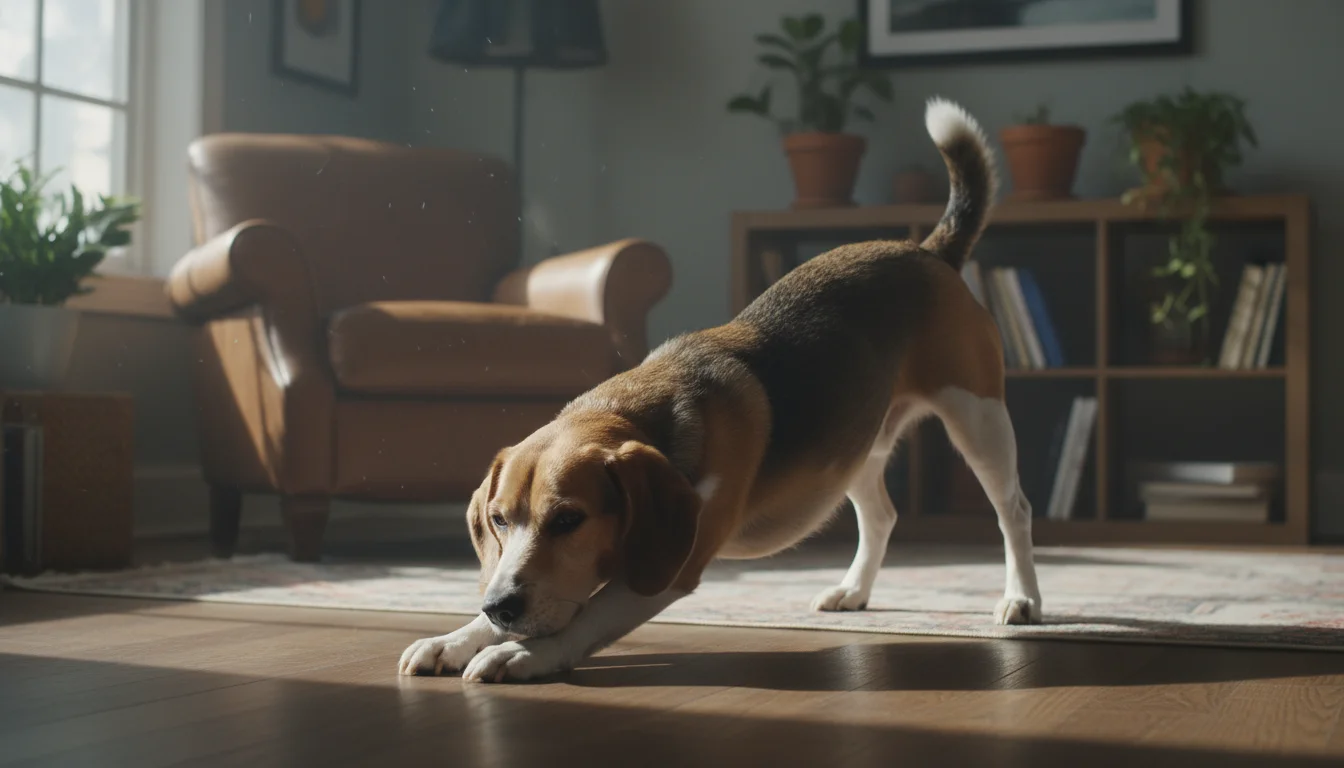 A beagle mix dog lies in a 'prayer position' on a living room rug, head low and hindquarters up, with a human hand gently petting its back.