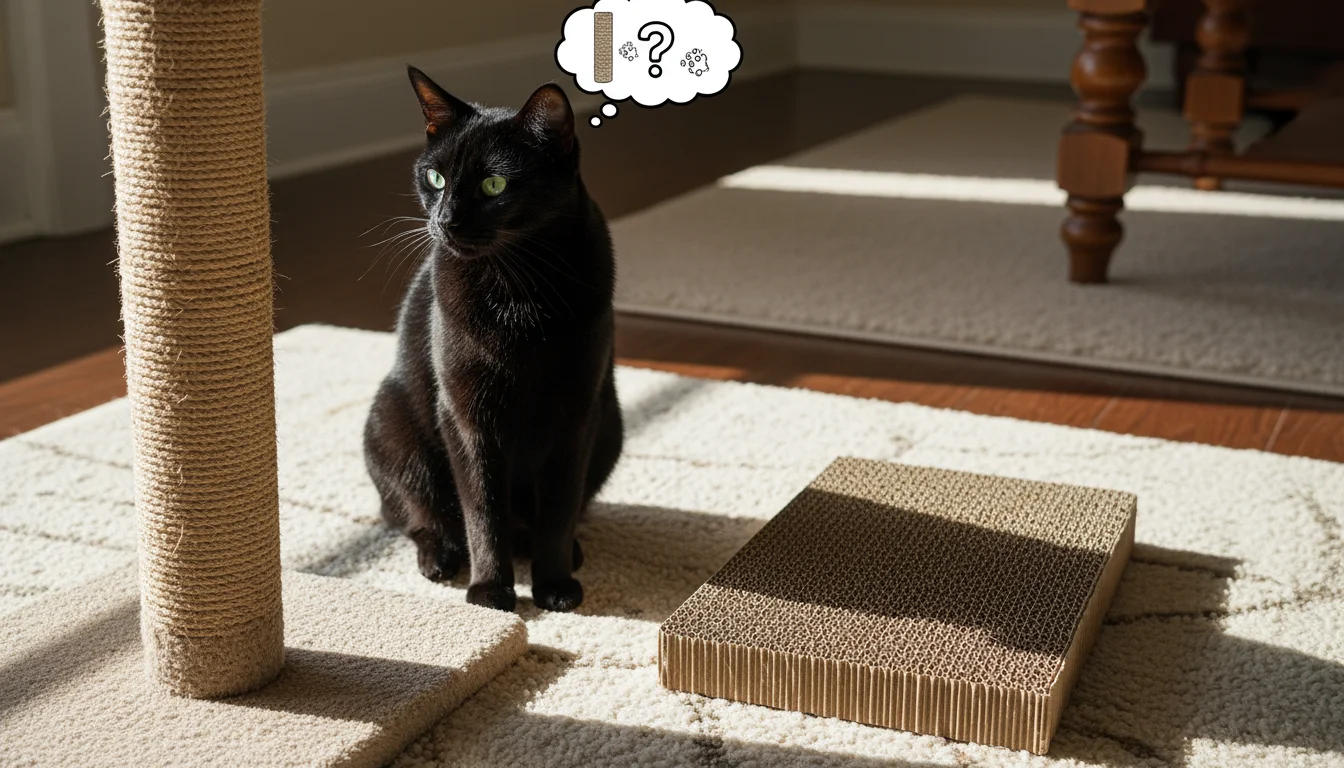 A black cat sits between a tall sisal scratching post and a flat cardboard scratcher, gently observing its choices in a sunlit room.