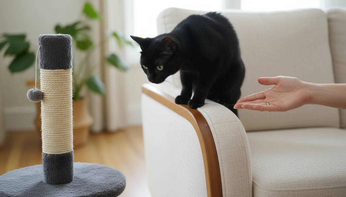 A black cat is on a sofa arm, looking at a small snag, while a human hand gently directs its gaze towards a sisal scratching post.