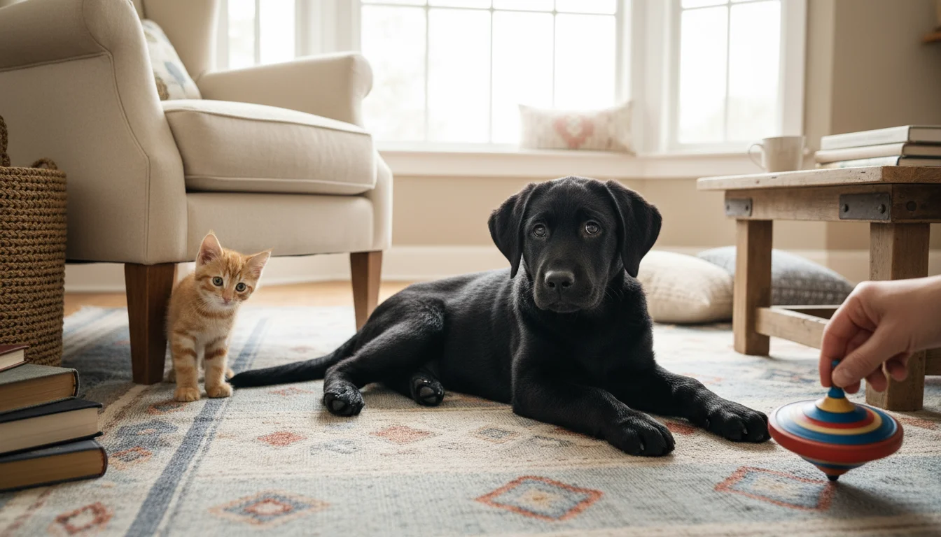 Black Lab puppy and orange tabby kitten calmly observing each other on a rug in a living room, with a human hand nearby.