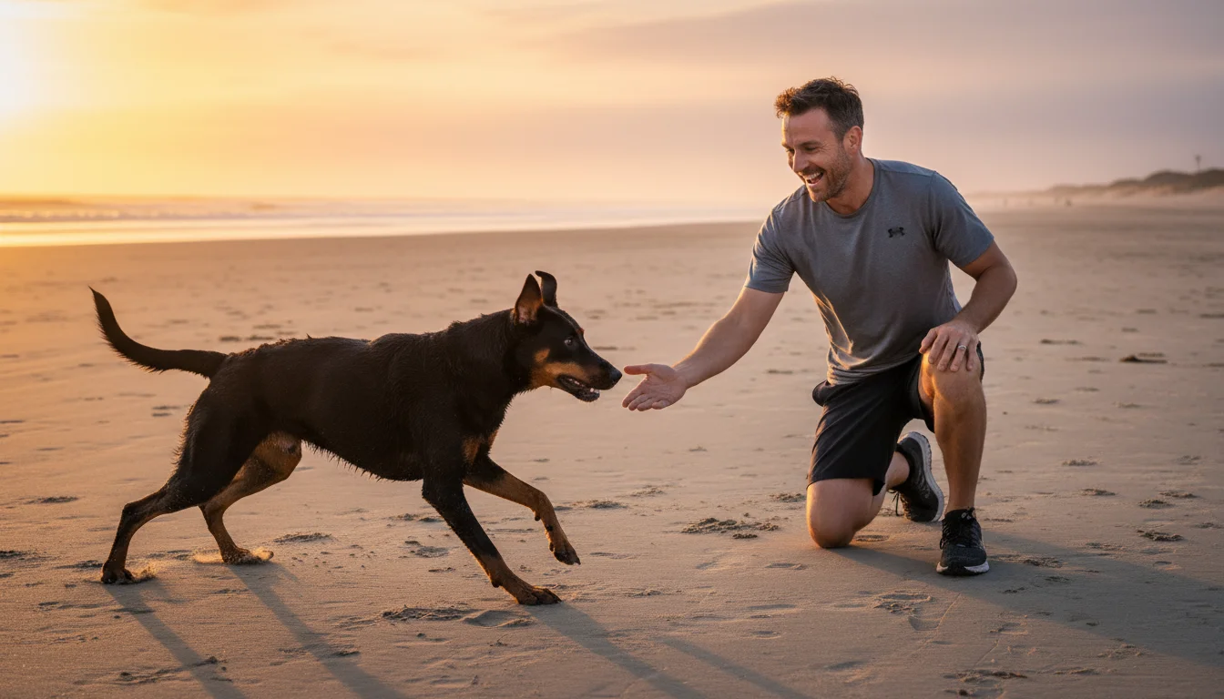 A black Labrador-Doberman mix dog joyfully sprints towards a man kneeling on a sandy beach at sunset.