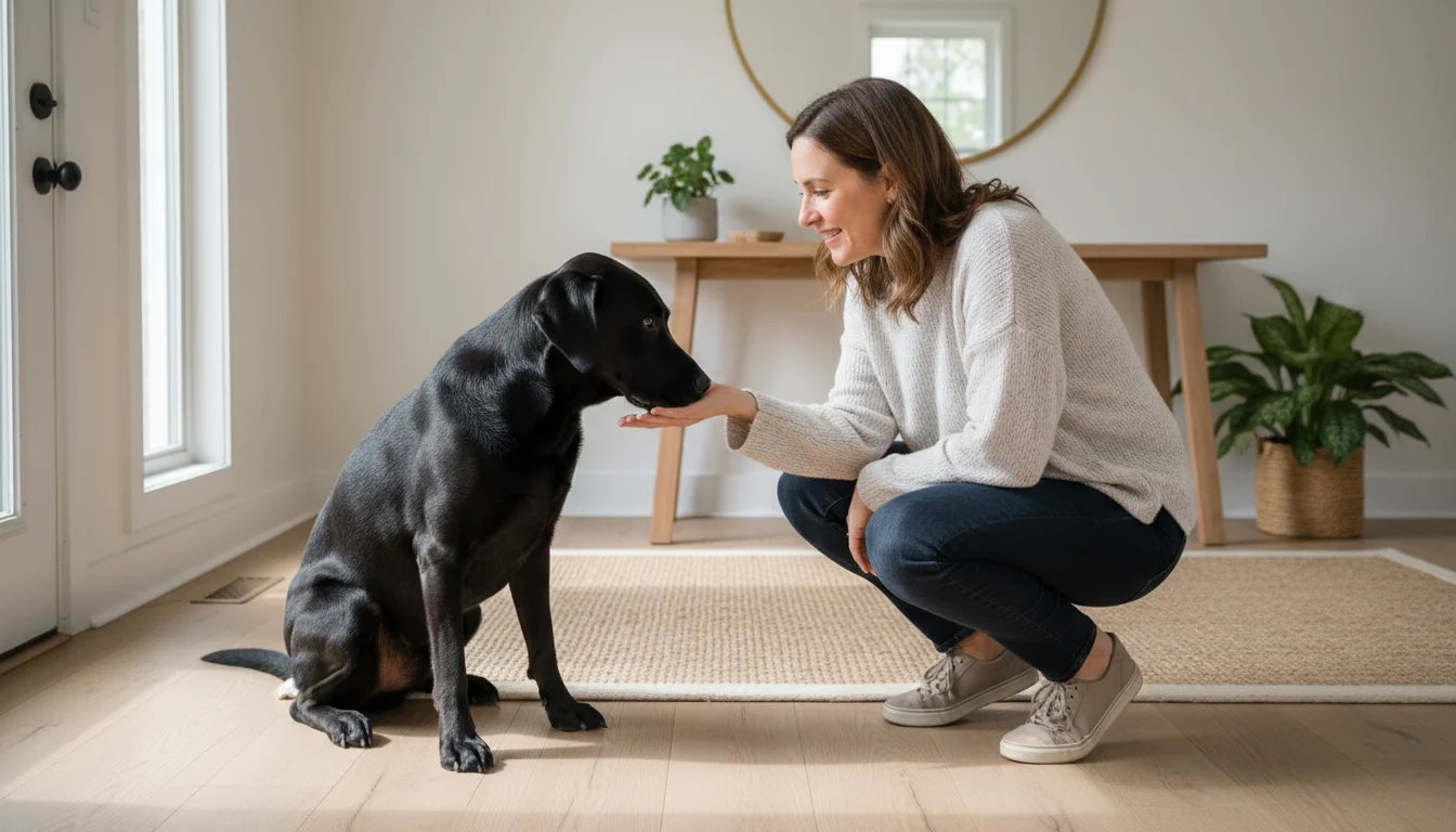 A black Labrador mix dog sits calmly on a wood floor, politely greeting a woman who is bending down to offer her hand.