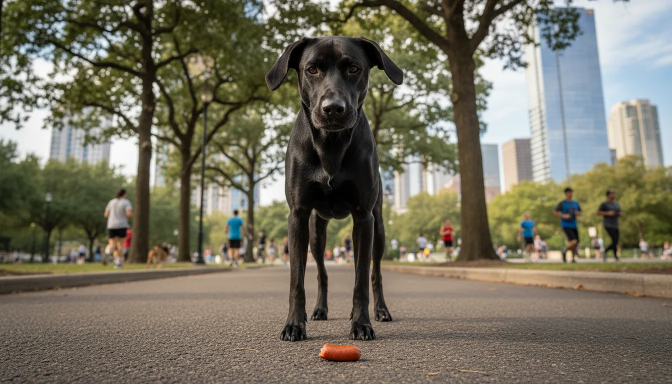 A black Labrador mix dog stands calmly on a paved park path, intensely focused on a dropped hot dog, demonstrating 'leave it' training.
