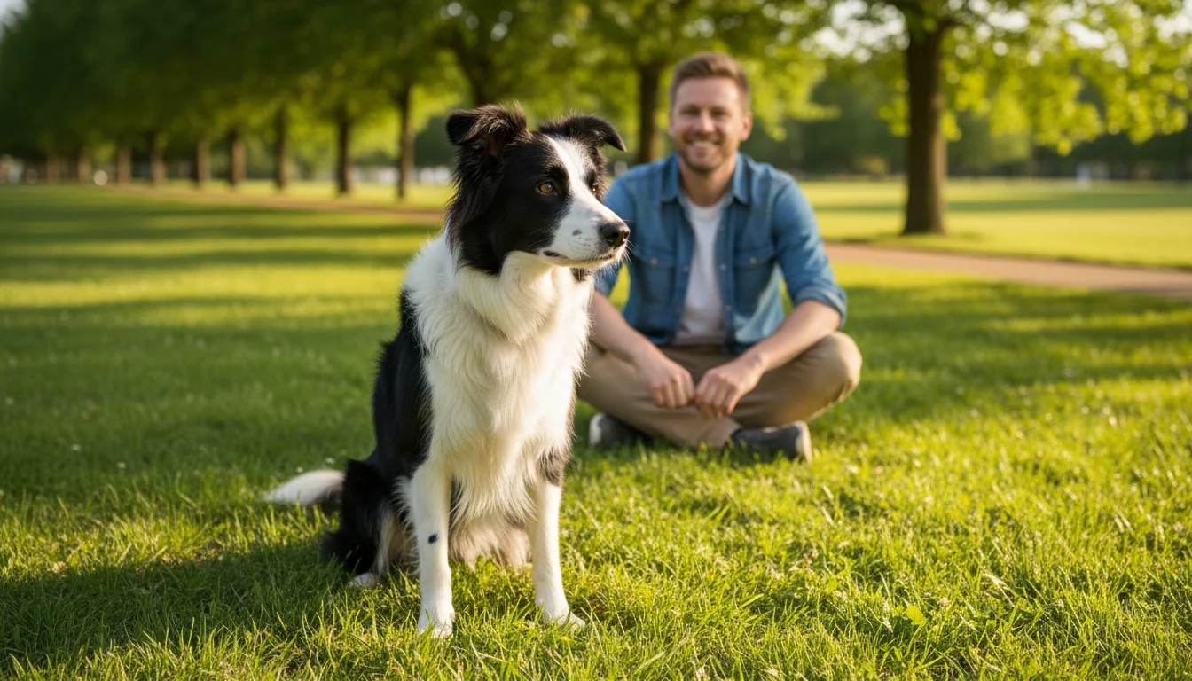 A Border Collie intently observes something in a park, its owner watching thoughtfully nearby, bathed in soft afternoon sun.