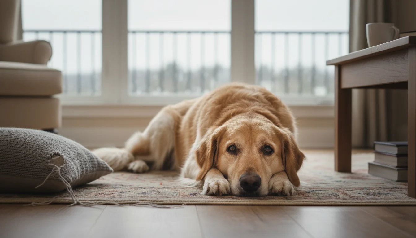 A bored golden-mix dog lies on a rug, head down, near a slightly frayed pillow, with rain visible outside a window.