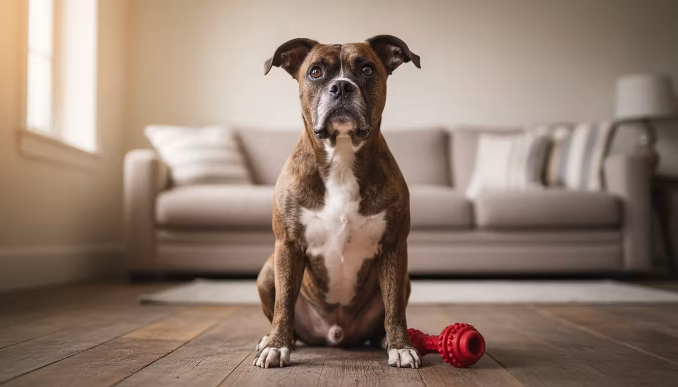 A brindle Boxer mix dog sits on a wooden floor, looking up expectantly next to a red rubber chew toy.