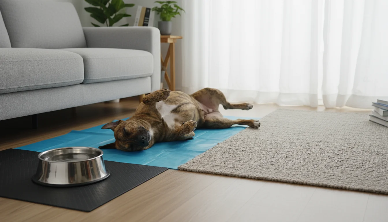 A brindle dog sleeps soundly on a blue cooling mat, with a full water bowl nearby in a softly lit, comfortable living room.