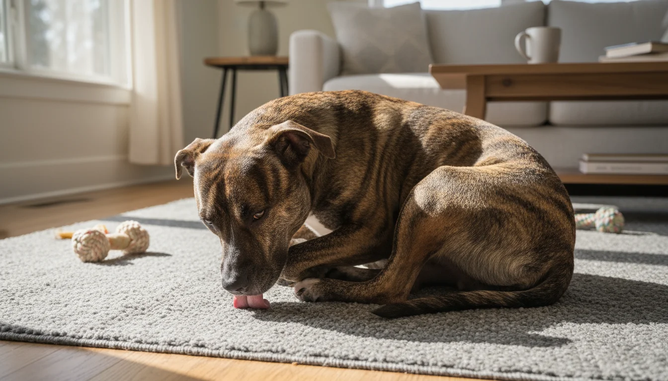 A brindle Pitbull mix dog intently licks a reddish, irritated patch of skin on its inner front leg while on a rug.