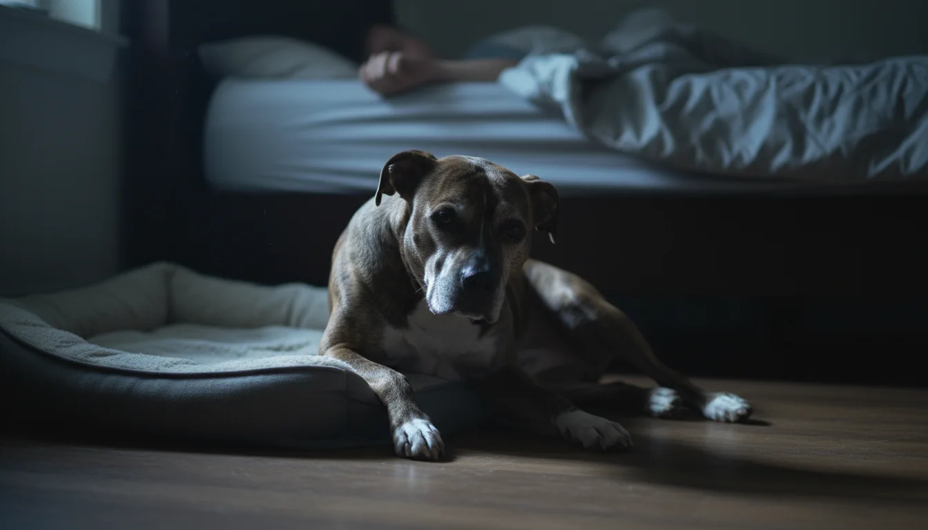 A brindle Pitbull mix dog looks uncomfortable, half-sitting and half-lying on the floor in a dim bedroom late at night.