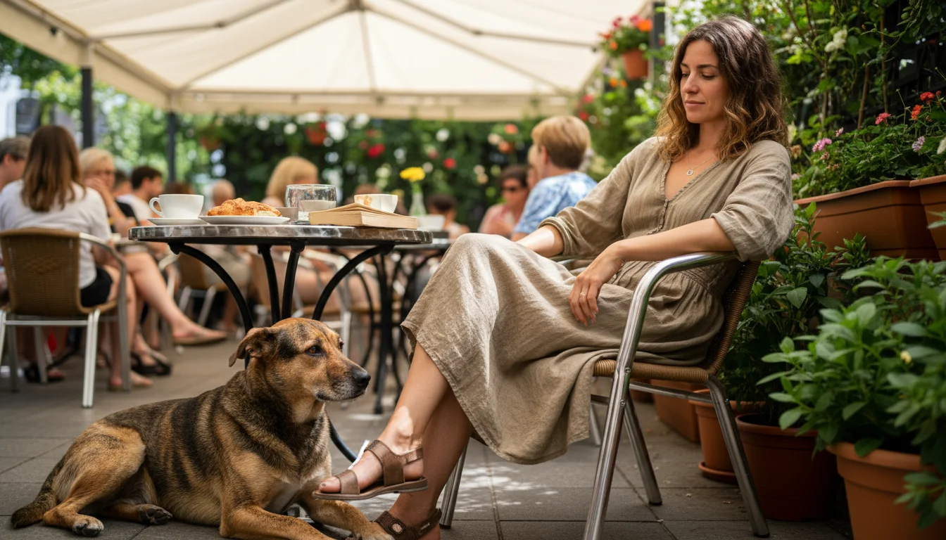 A brindle terrier mix dog rests calmly in a 'down' position under a cafe table, with its owner sitting nearby on a patio.