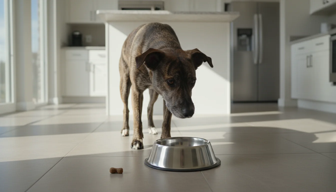 A brindle terrier mix dog stands over its food bowl, not eating, with a single piece of kibble dropped nearby. A person's hand is visible in the backg