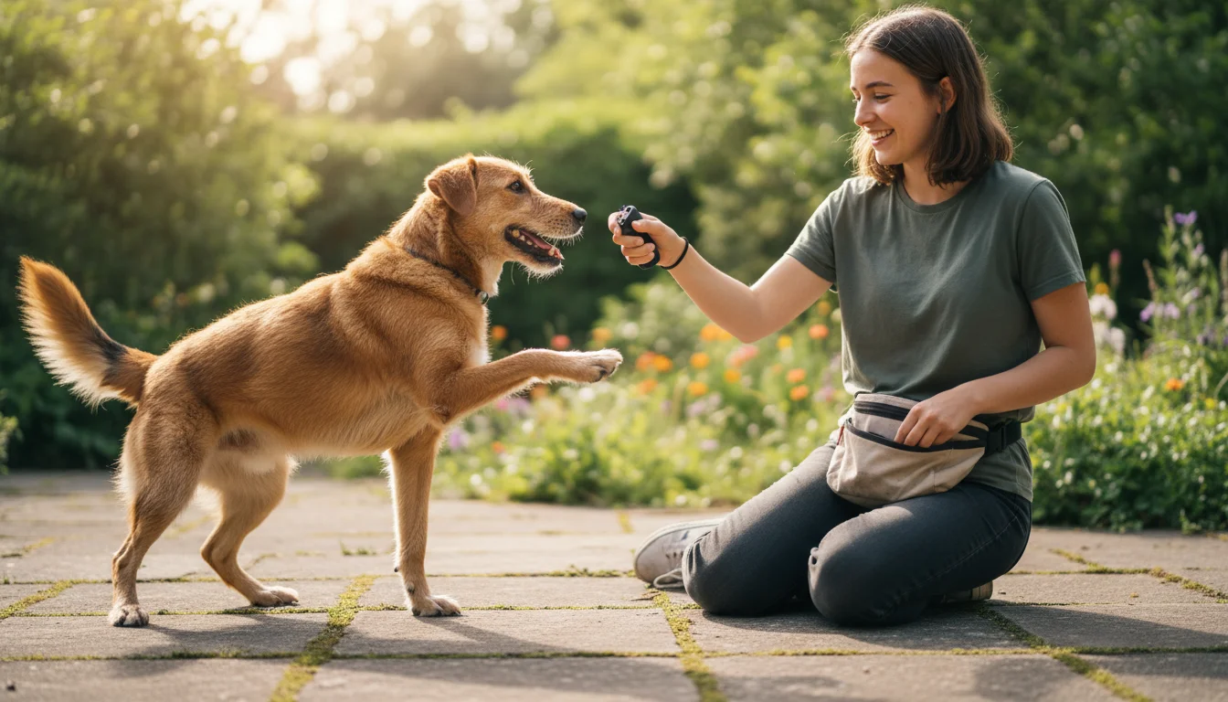 A brown mixed-breed dog, paw raised, interacts joyfully with a smiling woman holding a clicker and treat pouch on a patio.
