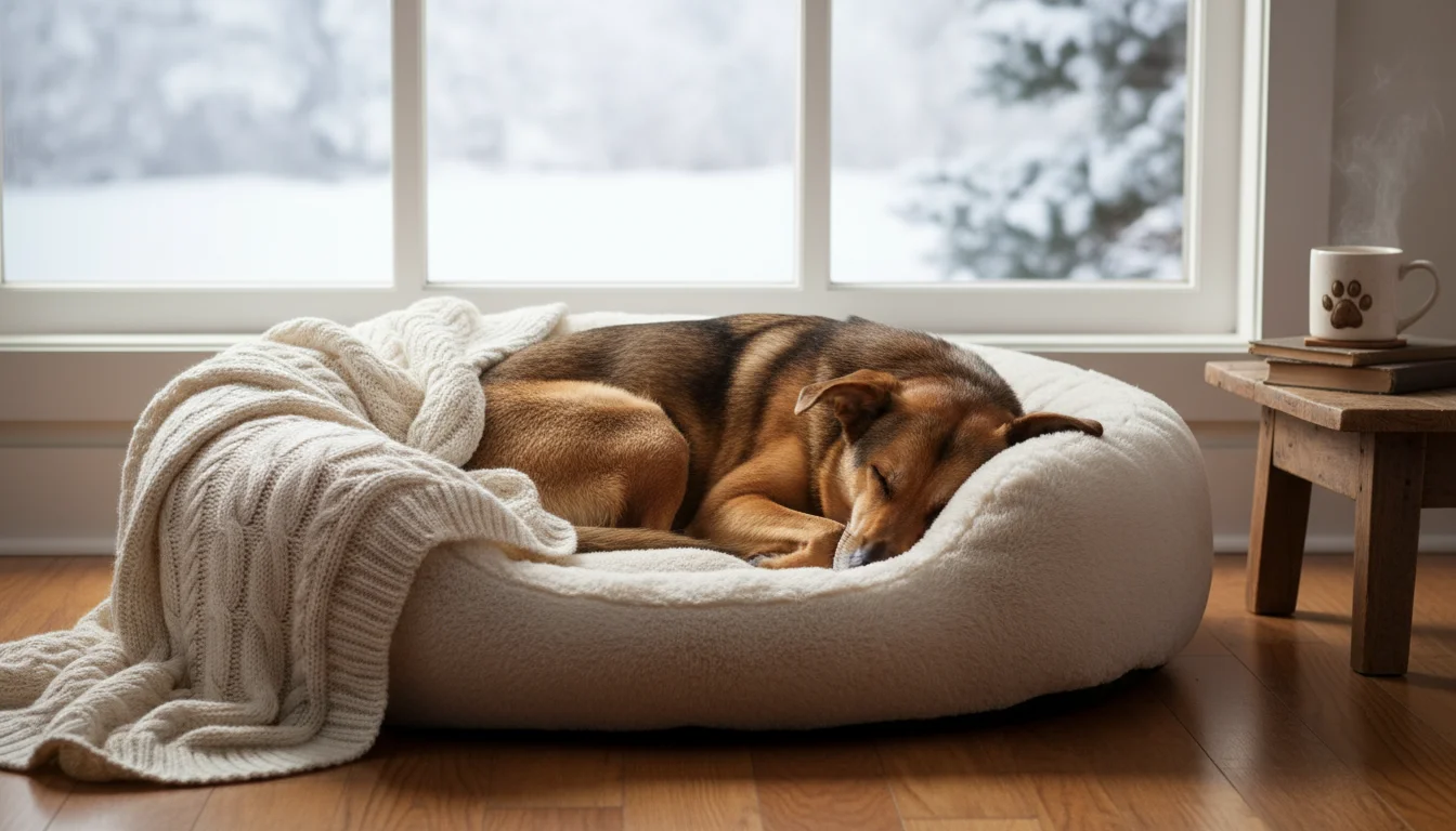 A brown mixed-breed dog is sound asleep, curled in a plush dog bed under a cream blanket near a snowy window.