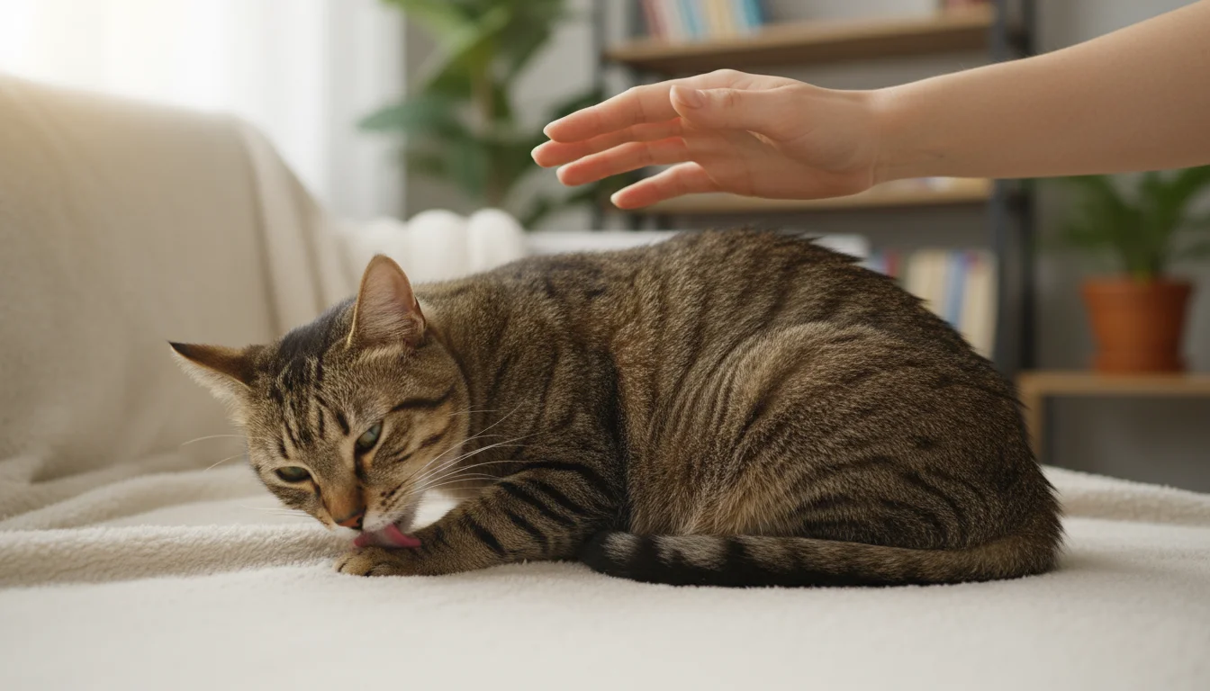 A brown tabby cat intently licks a thinned patch of fur, showing irritated skin. A human hand hovers above it with concern.