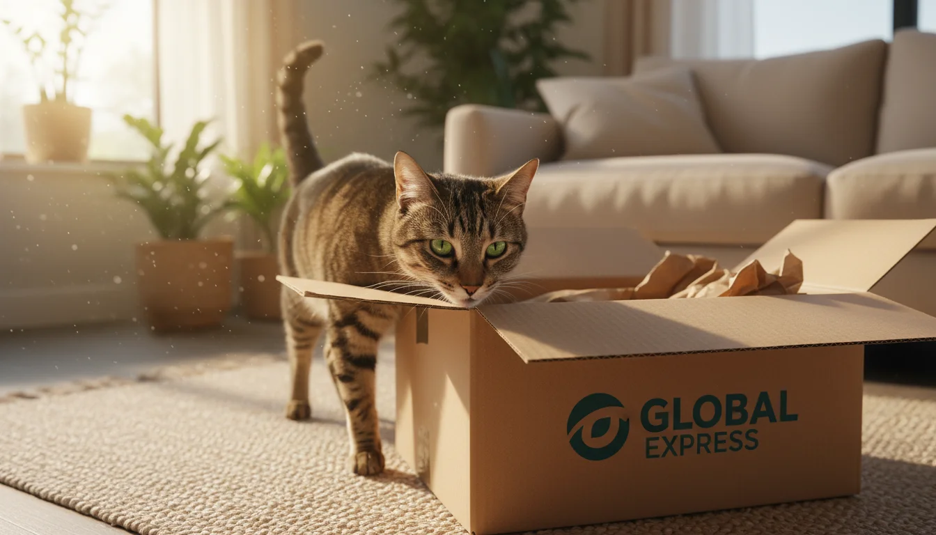 A brown tabby cat carefully sniffs a large, open cardboard box on a rug in a sunlit living room, its tail curved.